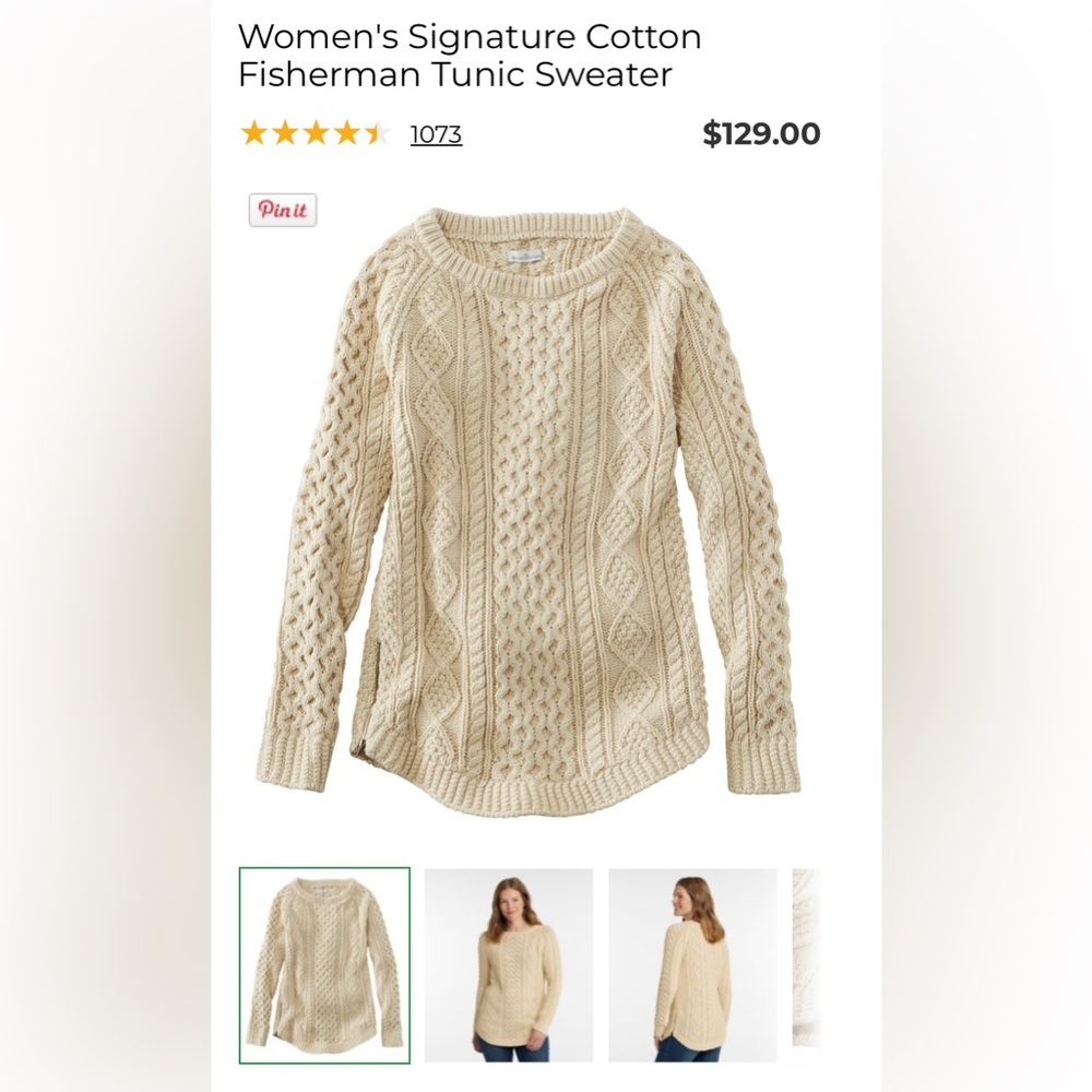 LL Bean women’s fisherman sweater - size L - beige - 100% cotton